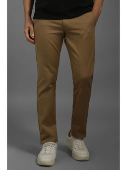 Louis Philippe - Men Khaki Slim Tapered Fit Solid Flat Front Casual Trousers