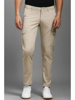 Louis Philippe - Men Beige Slim Tapered Fit Solid Flat Front Casual Trousers