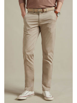 Louis Philippe - Men Beige Slim Tapered Fit Solid Flat Front Casual Trousers