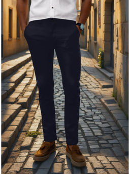 Louis Philippe - Men Navy Blue Slim Tapered Fit Textured Flat Front Casual Trousers