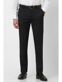 Peter England - Men Navy Blue Textured Slim Fit Formal Trousers