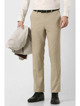 Peter England - Men Beige Textured Slim-Fit Trousers
