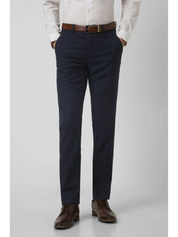 Peter England - Men Navy Blue Textured Slim Fit Formal Trousers