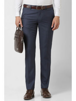 Van Heusen - Men Navy Blue Textured Slim Fit Trousers