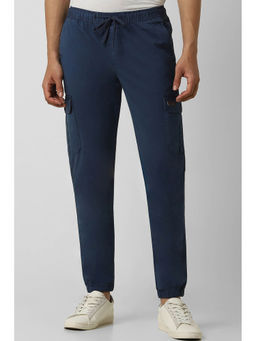 Van Heusen - Men Navy Blue Solid Crop Fit Trousers