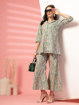 Indibelle - Women Aqua Cotton Paisley Co-Ord (Set of 2)