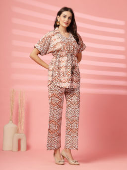 Indibelle - Women Brown Cotton Abstract Tunic with Pant (Set of 2)