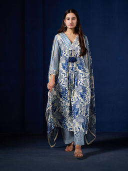 Sukruti Design - Women Blue Muslin Silk Floral Kurta with Pant and Dupatta (Set of 3)