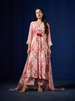 Sukruti Design - Women Orange Muslin Silk Floral Kurta with Pant and Dupatta (Set of 3)