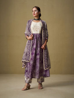 Sukruti Design - Women Purple Muslin Silk Printed Kurta with Pant and Dupatta (Set of 3)
