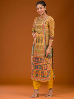 Koskii - Women Mustard Polyester Crepe Printed Kurta with Pant and Dupatta (Set of 3)