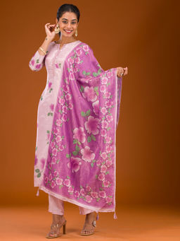 Koskii - Women Purple Polyester Crepe Floral Kurta with Pant and Dupatta (Set of 3)