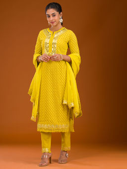 Koskii - Women Brown Georgette Embroidered Kurta with Pant and Dupatta (Set of 3)