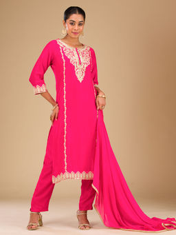 Koskii - Women Pink Silk Embroidered Kurta with Pant and Dupatta (Set of 3)