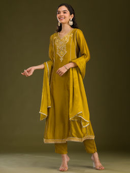 Koskii - Women Mustard Raw Silk Embroidered Kurta with Pant and Dupatta (Set of 3)