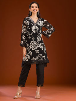 Koskii - Women Black Polyester Crepe Embroidered Kurta with Pant and Dupatta (Set of 3)