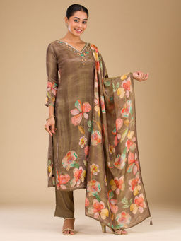 Koskii - Women Brown Tissue Embroidered Kurta with Pant and Dupatta (Set of 3)