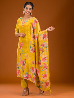 Koskii - Women Yellow Tissue Embroidered Kurta with Pant and Dupatta (Set of 3)