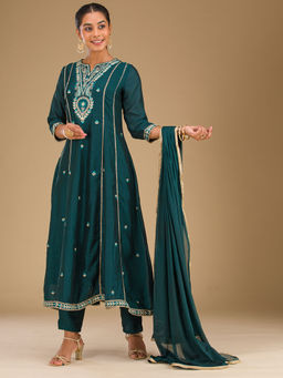 Koskii - Women Blue Raw Silk Embroidered Kurta with Pant and Dupatta (Set of 3)