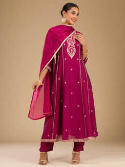 Koskii - Women Maroon Raw Silk Embroidered Kurta with Pant and Dupatta (Set of 3)