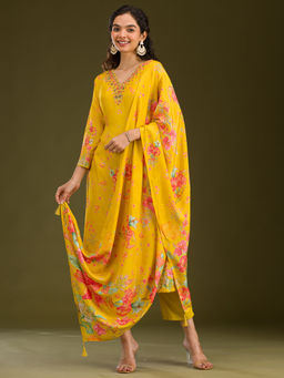 Koskii - Women Yellow Cotton Embroidered Kurta with Pant and Dupatta (Set of 3)