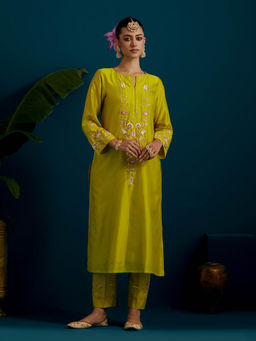 Anantaa by Roohi Trehan - Lime Yellow Round Neck Long Yoke Kurta with Pant (Set of 2)
