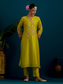 Anantaa by Roohi Trehan - Lime Yellow Paisley Yoke Kurta
