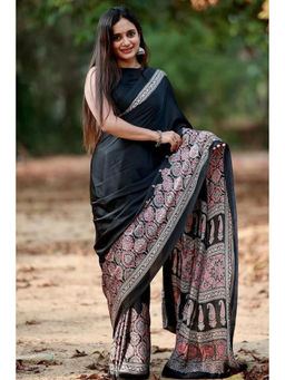 Mysilklove - Asphalt Black Ajrakh Printed Satin Crepe Silk Saree with Unstitched Blouse