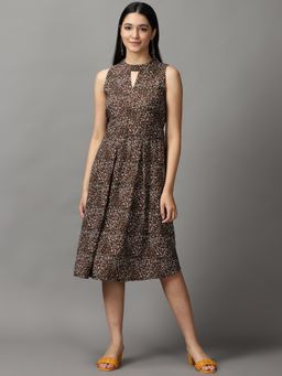 SHOWOFF - Womens High Neck Midi Coffee Brown Floral Dress