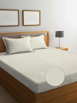 FABINALIV - Cream Stripes 300 TC Cotton Blend King Bedsheet with 2 Pillow Covers