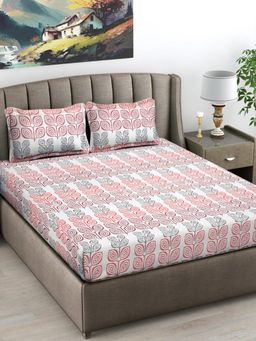 FABINALIV - Multi-Color Floral 300 TC Cotton Blend King Bedsheet with 2 Pillow Covers