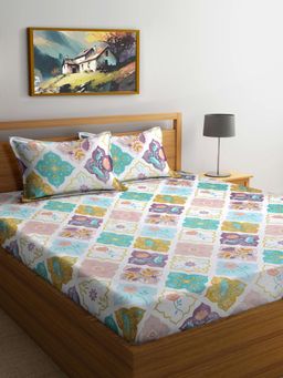 FABINALIV - Multi-Color Abstract 300 TC Cotton Blend King Bedsheet with 2 Pillow Covers