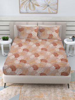 FABINALIV - Brown Floral 300 TC Cotton Blend King Bedsheet with 2 Pillow Covers