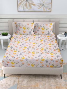 FABINALIV - Multi-Color Floral 300 TC Cotton Blend King Bedsheet with 2 Pillow Covers