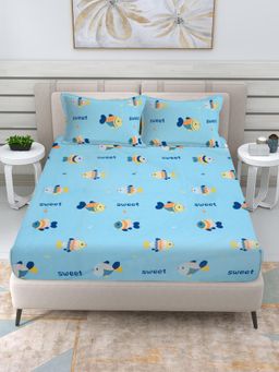 FABINALIV - Blue Cartoon 300 TC Cotton Blend King Bedsheet with 2 Pillow Covers