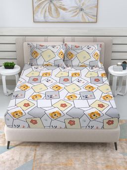 FABINALIV - Multi-Color Cartoon 300 TC Cotton Blend King Bedsheet with 2 Pillow Covers