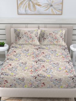 FABINALIV - Multi-Color Floral 300 TC Cotton Blend King Bedsheet with 2 Pillow Covers