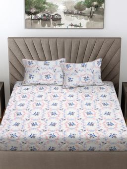 FABINALIV - Multi-Color Floral 300 TC Cotton Blend King Bedsheet with 2 Pillow Covers