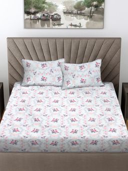 FABINALIV - Multi-Color Floral 300 TC Cotton Blend King Bedsheet with 2 Pillow Covers