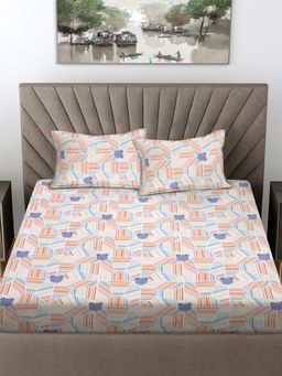 FABINALIV - Multi-Color Geometric 300 TC Cotton Blend King Bedsheet with 2 Pillow Covers