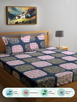 FABINALIV - Multi-Color Floral 300 TC Cotton Blend King Bedsheet with 2 Pillow Covers
