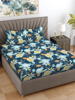 FABINALIV - Multi-Color Floral 300 TC Cotton Blend King Bedsheet with 2 Pillow Covers