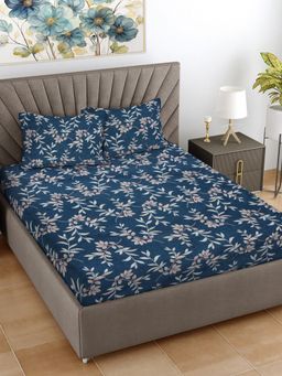 FABINALIV - Blue Floral 300 TC Cotton Blend King Bedsheet with 2 Pillow Covers