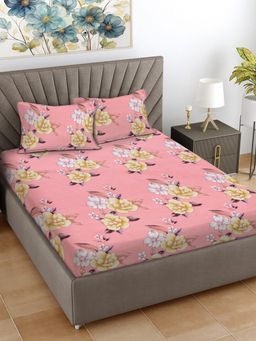 FABINALIV - Pink Floral 300 TC Cotton Blend King Bedsheet with 2 Pillow Covers