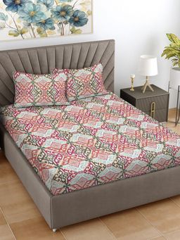 FABINALIV - Multi-Color Abstract 300 TC Cotton Blend King Bedsheet with 2 Pillow Covers