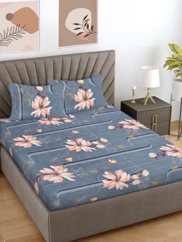FABINALIV - Grey Floral 300 TC Cotton Blend King Bedsheet with 2 Pillow Covers