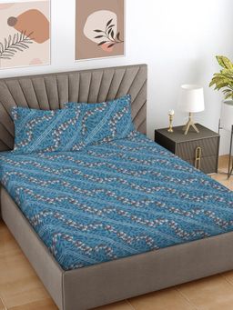 FABINALIV - Blue Floral 300 TC Cotton Blend King Bedsheet with 2 Pillow Covers