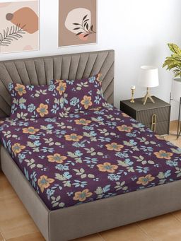 FABINALIV - Purple Floral 300 TC Cotton Blend King Bedsheet with 2 Pillow Covers