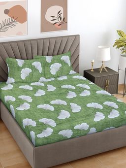 FABINALIV - Green Floral 300 TC Cotton Blend King Bedsheet with 2 Pillow Covers