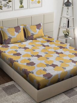 FABINALIV - Yellow Floral 300 TC Cotton Blend King Bedsheet with 2 Pillow Covers